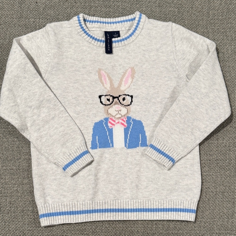 Janie and Jack Light Gray Bunny Sweater with Blue and Pink Accents